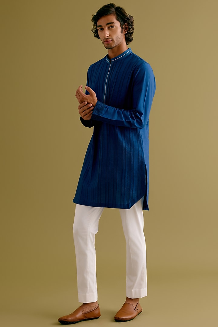 Royal Blue Cotton Silk Blend Dori Embroidered Kurta Set by Devnaagri Men at Pernia's Pop Up Shop