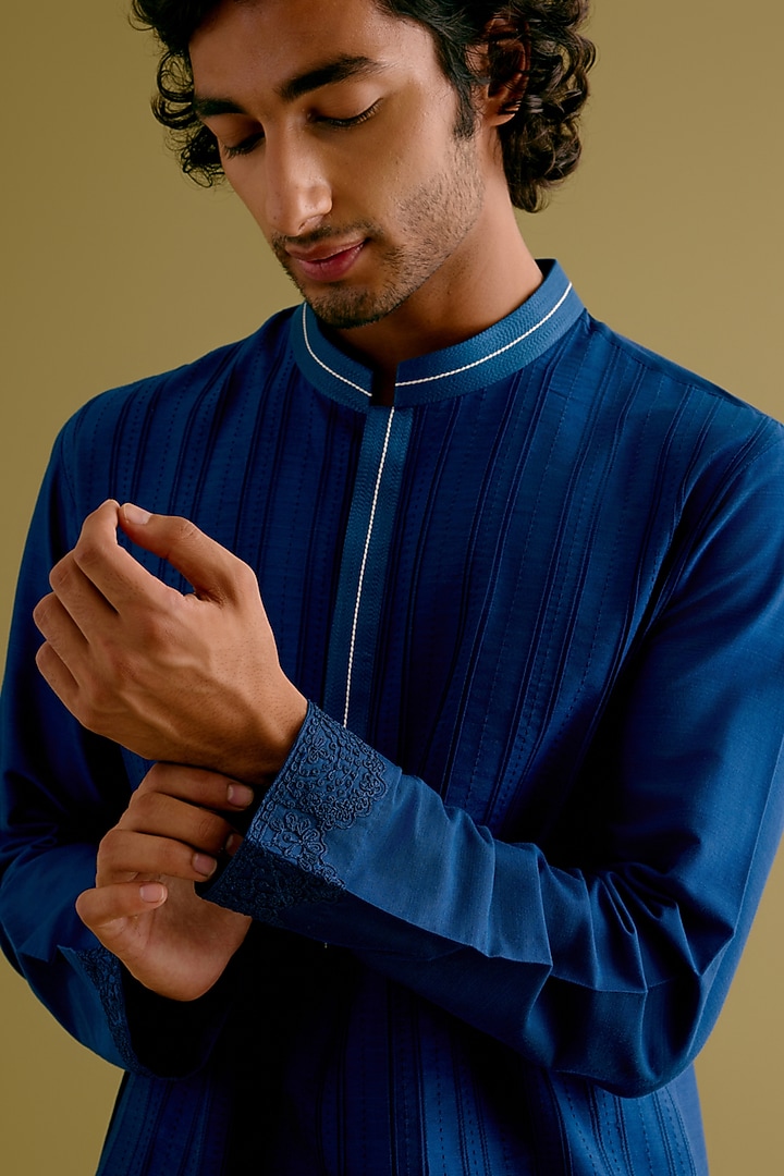 Royal Blue Cotton Silk Blend Dori Embroidered Kurta Set by Devnaagri Men at Pernia's Pop Up Shop