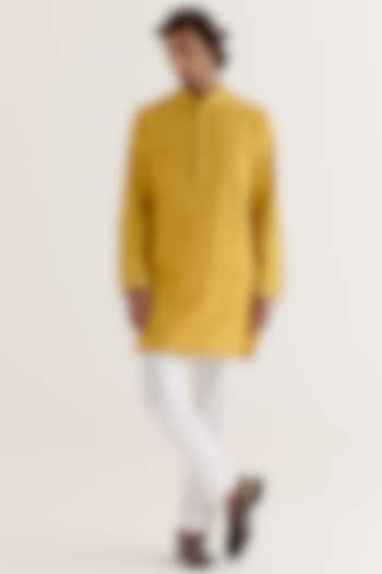 Mustard Yellow Cotton Silk Blend Dori Embroidered Kurta Set by Devnaagri Men