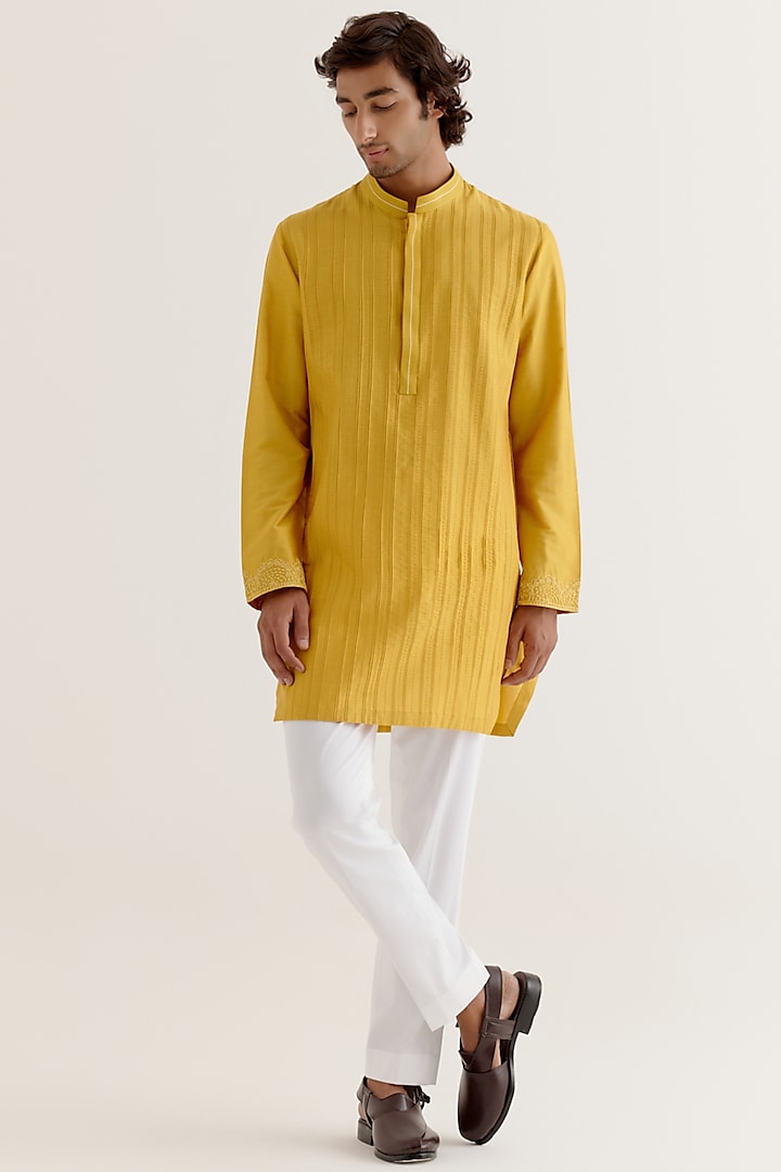 Mustard Yellow Cotton Silk Blend Dori Embroidered Kurta Set by Devnaagri Men