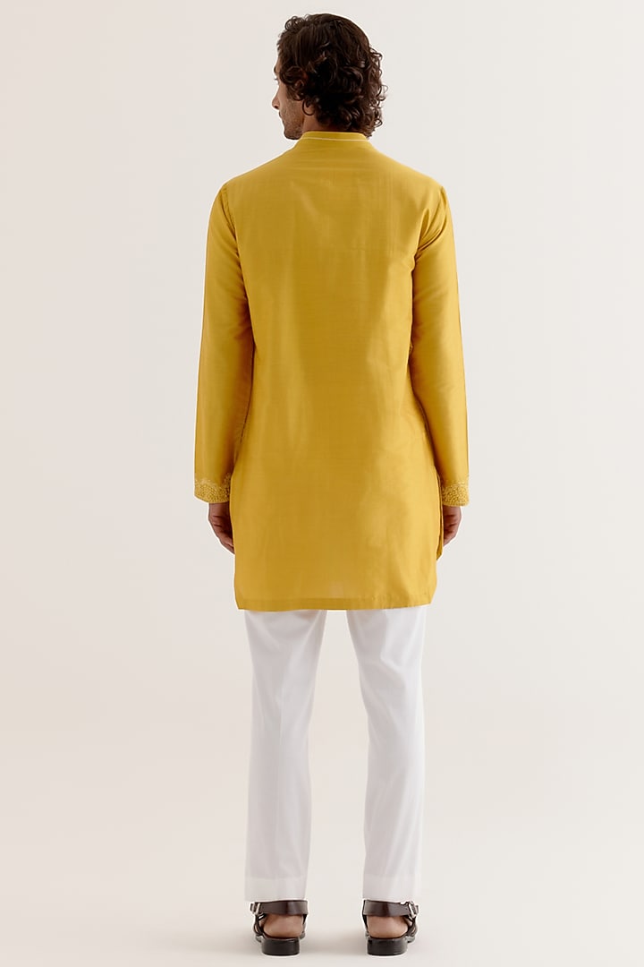 Mustard Yellow Cotton Silk Blend Dori Embroidered Kurta Set by Devnaagri Men at Pernia's Pop Up Shop