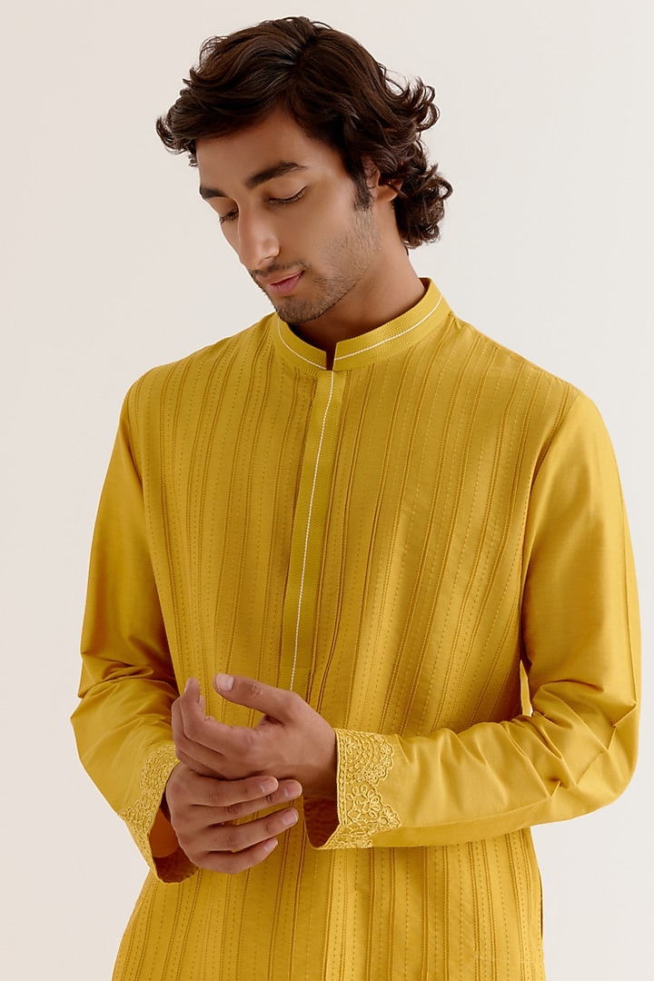 Mustard Yellow Cotton Silk Blend Dori Embroidered Kurta Set by Devnaagri Men at Pernia's Pop Up Shop
