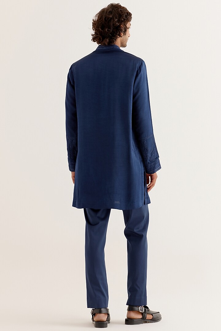 Royal Blue Silk Satin Dori Embroidered Kurta Set by Devnaagri Men at Pernia's Pop Up Shop