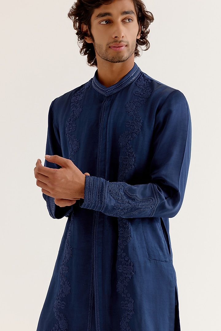 Royal Blue Silk Satin Dori Embroidered Kurta Set by Devnaagri Men at Pernia's Pop Up Shop