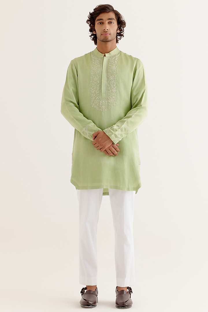 Pistachio Green Silk Satin Dori Embroidered Kurta Set by Devnaagri Men