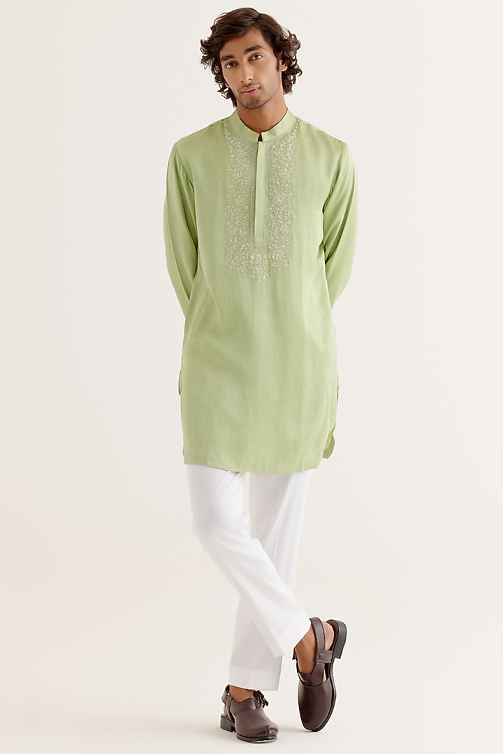 Pistachio Green Silk Satin Dori Embroidered Kurta Set by Devnaagri Men at Pernia's Pop Up Shop
