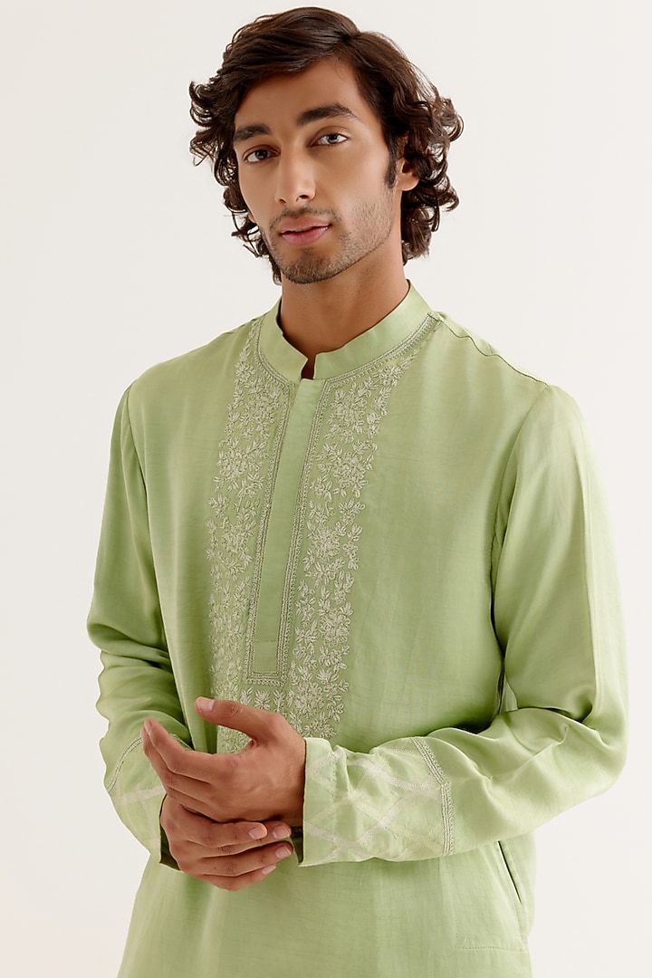 Pistachio Green Silk Satin Dori Embroidered Kurta Set by Devnaagri Men at Pernia's Pop Up Shop