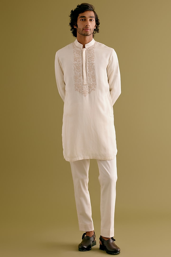 Ivory Silk Satin Dori Embroidered Kurta Set by Devnaagri Men