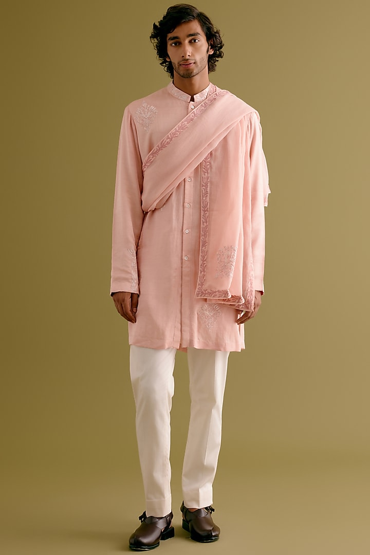 Blush Pink Kota Dori Embroidered Stole by Devnaagri Men at Pernia's Pop Up Shop