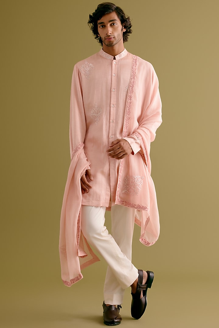 Blush Pink Kota Dori Embroidered Stole by Devnaagri Men at Pernia's Pop Up Shop