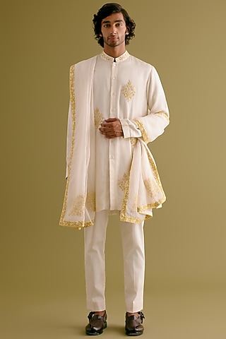 Ivory Kota Dori Embroidered Stole by Devnaagri Men