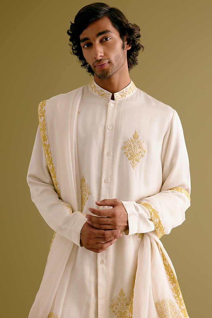 Ivory Kota Dori Embroidered Stole by Devnaagri Men at Pernia's Pop Up Shop