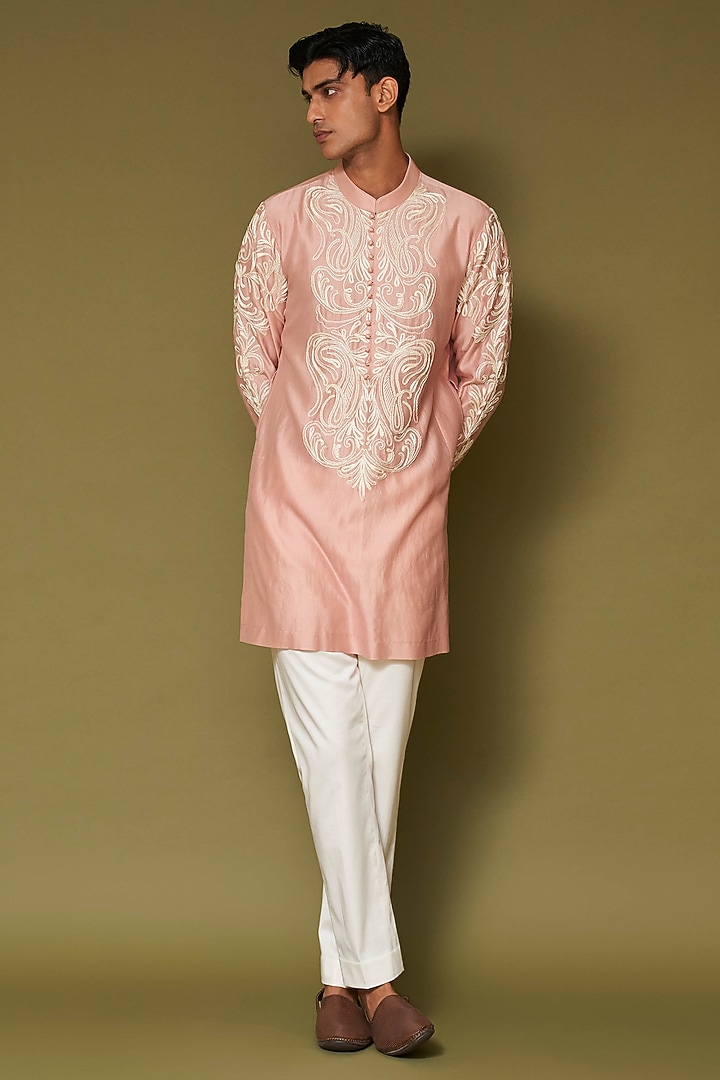 Blush Pink Silk Chanderi Dori Embroidered Kurta Set by Devnaagri Men at Pernia's Pop Up Shop