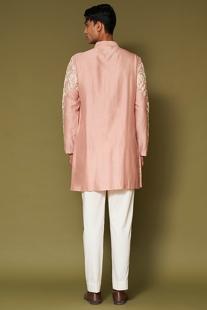 Blush Pink Silk Chanderi Dori Embroidered Kurta Set by Devnaagri Men at Pernia's Pop Up Shop