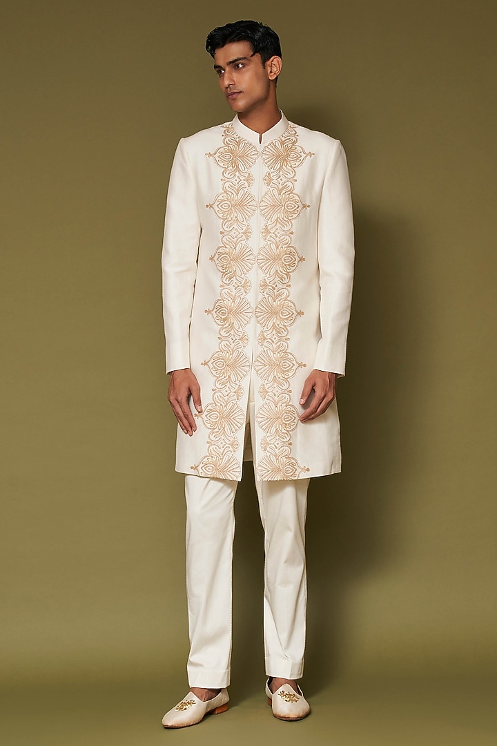 Ivory-Beige Linen Satin Dori Embroidered Groom Sherwani Set by Devnaagri Men at Pernia's Pop Up Shop