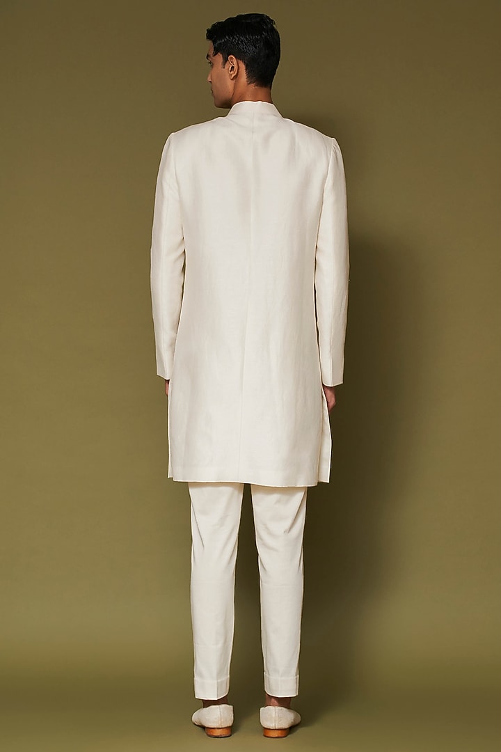 Ivory-Beige Linen Satin Dori Embroidered Groom Sherwani Set by Devnaagri Men at Pernia's Pop Up Shop