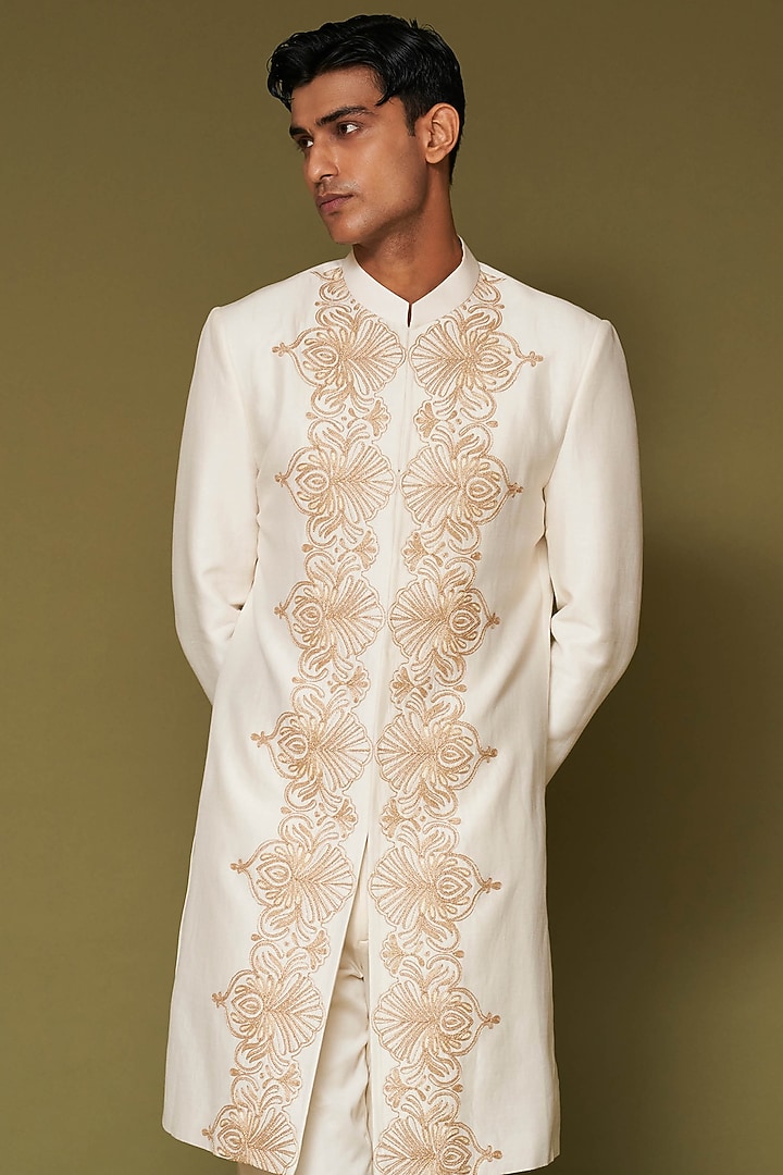 Ivory-Beige Linen Satin Dori Embroidered Groom Sherwani Set by Devnaagri Men at Pernia's Pop Up Shop