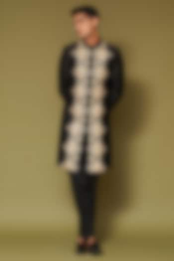 Black-Beige Linen Satin Dori Embroidered Groom Sherwani Set by Devnaagri Men at Pernia's Pop Up Shop