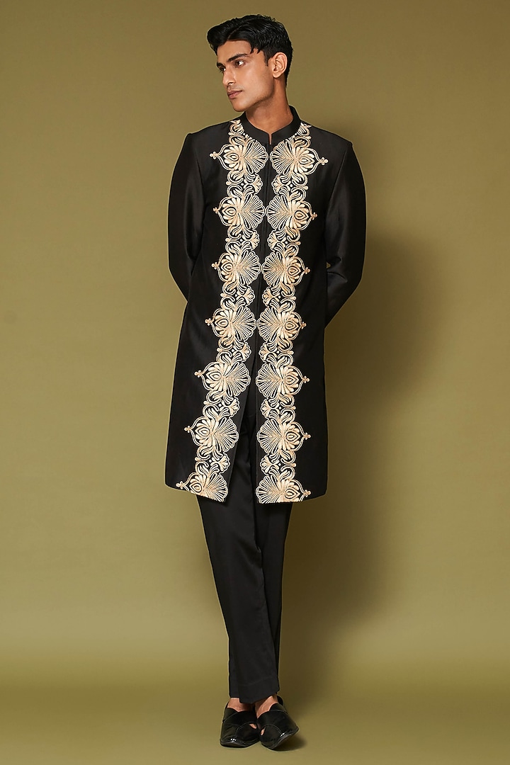 Black-Beige Linen Satin Dori Embroidered Groom Sherwani Set by Devnaagri Men at Pernia's Pop Up Shop