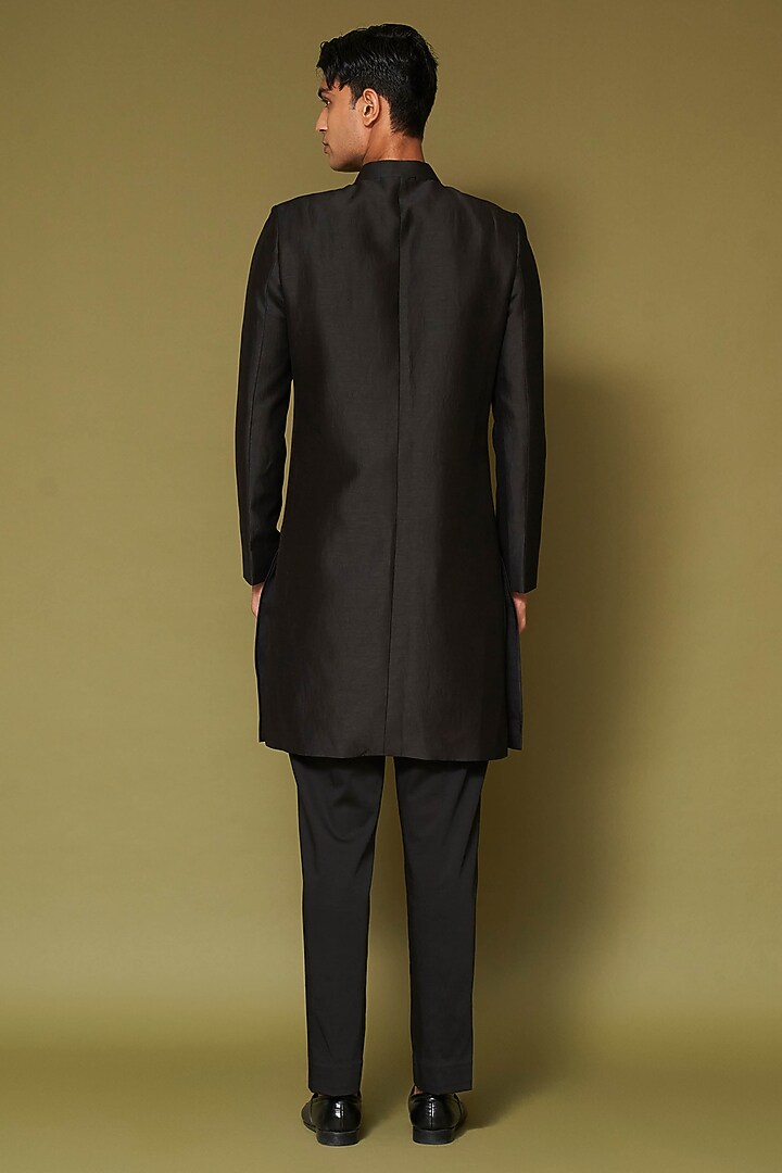 Black-Beige Linen Satin Dori Embroidered Groom Sherwani Set by Devnaagri Men at Pernia's Pop Up Shop