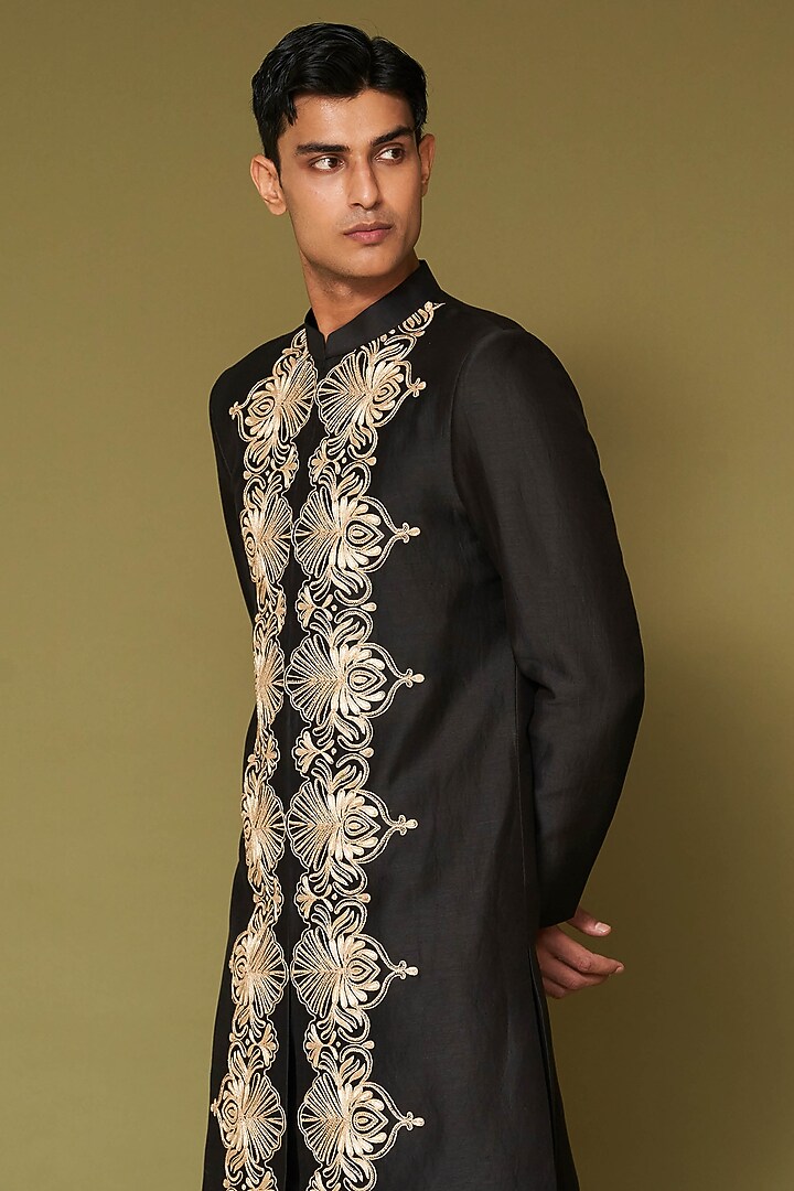 Black-Beige Linen Satin Dori Embroidered Groom Sherwani Set by Devnaagri Men at Pernia's Pop Up Shop