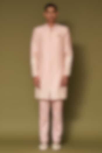 Blush Pink Linen Satin Dori Embroidered Wedding Sherwani Set by Devnaagri Men at Pernia's Pop Up Shop