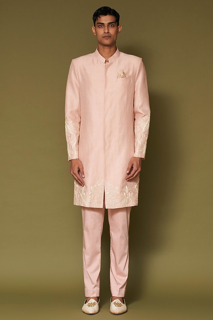 Blush Pink Linen Satin Dori Embroidered Wedding Sherwani Set by Devnaagri Men at Pernia's Pop Up Shop