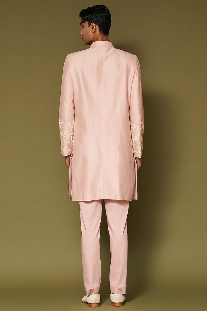 Blush Pink Linen Satin Dori Embroidered Wedding Sherwani Set by Devnaagri Men at Pernia's Pop Up Shop