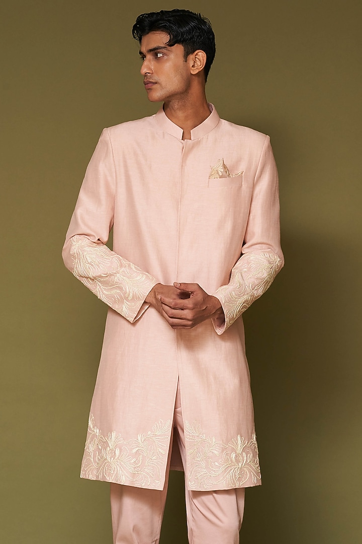 Blush Pink Linen Satin Dori Embroidered Wedding Sherwani Set by Devnaagri Men at Pernia's Pop Up Shop