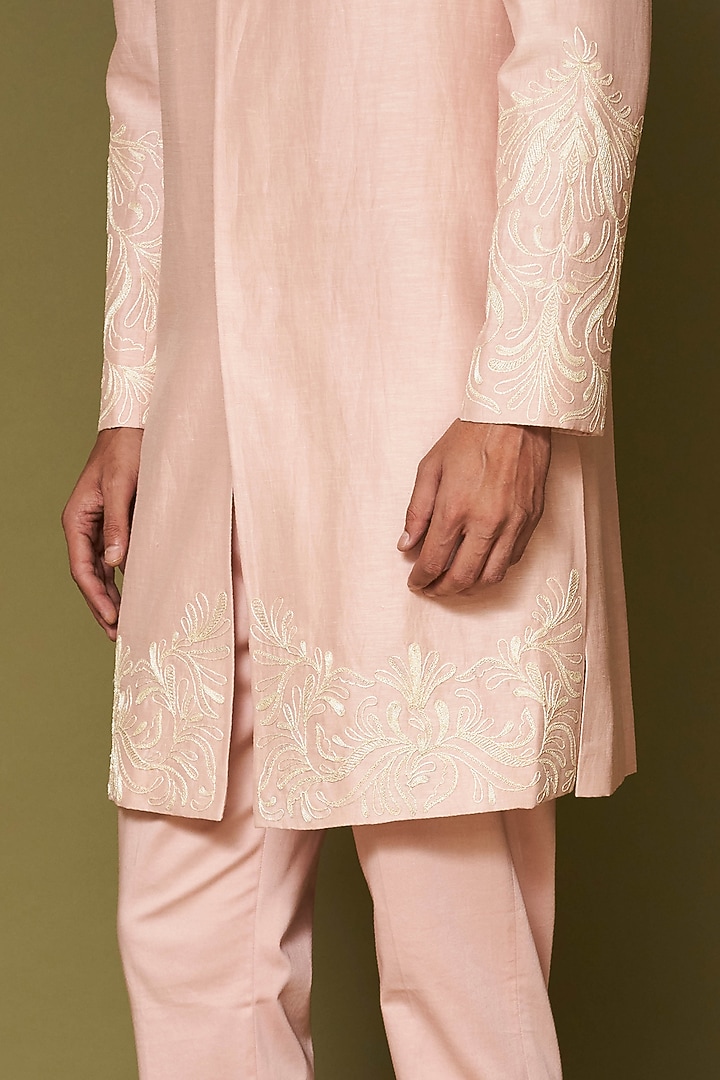 Blush Pink Linen Satin Dori Embroidered Wedding Sherwani Set by Devnaagri Men at Pernia's Pop Up Shop
