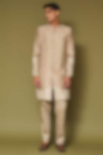 Sand-Colored Linen Satin Dori Embroidered Wedding Sherwani Set by Devnaagri Men at Pernia's Pop Up Shop