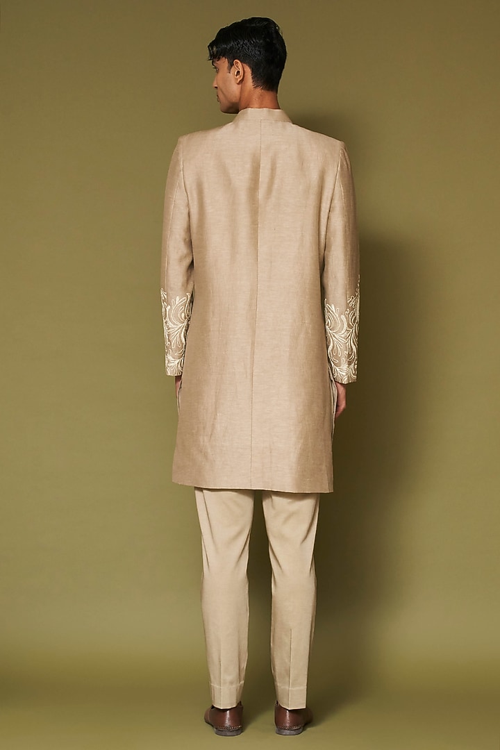 Sand-Colored Linen Satin Dori Embroidered Wedding Sherwani Set by Devnaagri Men at Pernia's Pop Up Shop
