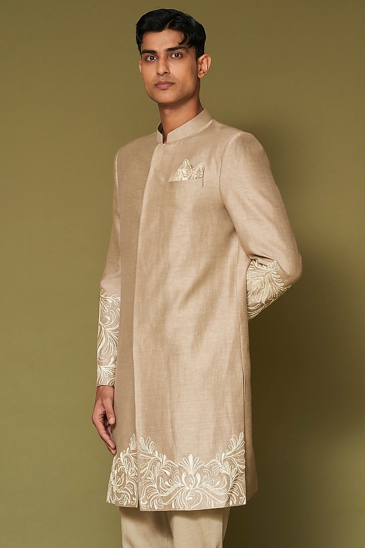 Sand-Colored Linen Satin Dori Embroidered Wedding Sherwani Set by Devnaagri Men at Pernia's Pop Up Shop