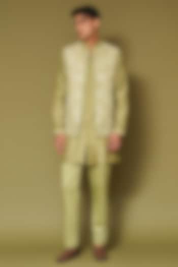 Pistachio Green Linen Satin Dori Jaal Embroidered Bundi Jacket Set by Devnaagri Men at Pernia's Pop Up Shop