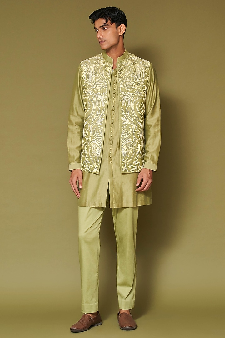 Pistachio Green Linen Satin Dori Jaal Embroidered Bundi Jacket Set by Devnaagri Men at Pernia's Pop Up Shop