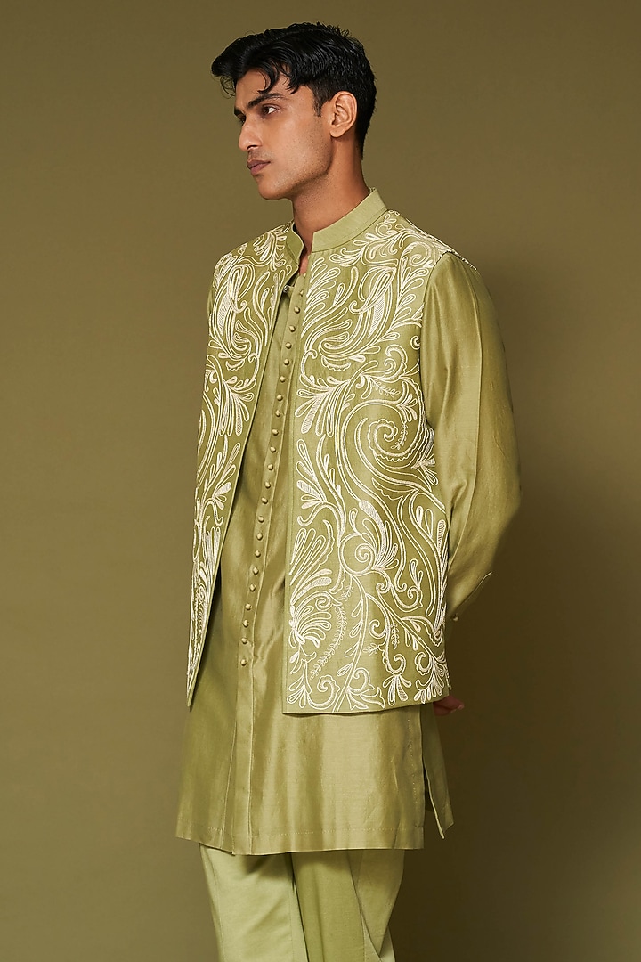 Pistachio Green Linen Satin Dori Jaal Embroidered Bundi Jacket Set by Devnaagri Men at Pernia's Pop Up Shop