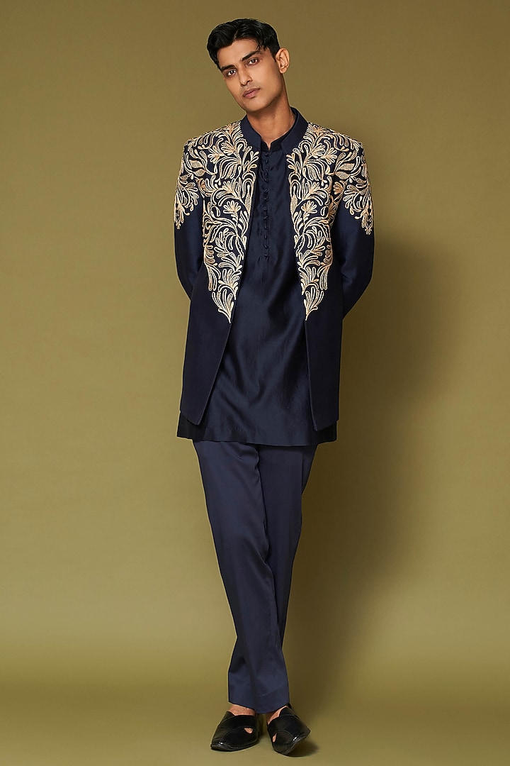 Midnight Navy Blue Linen Satin Dori Embroidered Wedding Bandhgala Set by Devnaagri Men at Pernia's Pop Up Shop
