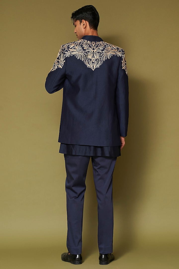 Midnight Navy Blue Linen Satin Dori Embroidered Wedding Bandhgala Set by Devnaagri Men at Pernia's Pop Up Shop