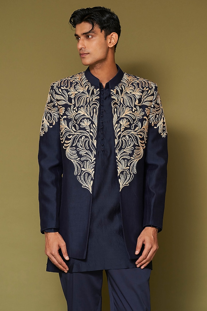 Midnight Navy Blue Linen Satin Dori Embroidered Wedding Bandhgala Set by Devnaagri Men at Pernia's Pop Up Shop