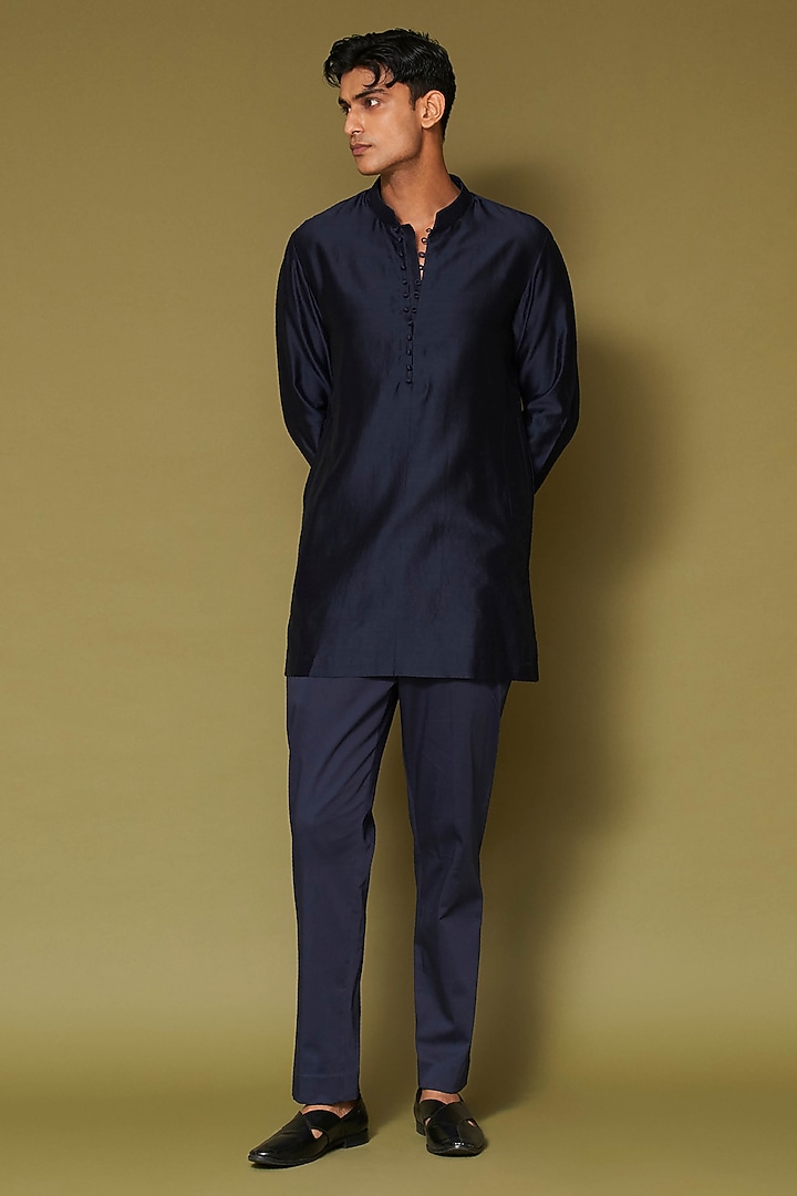 Midnight Navy Blue Linen Satin Dori Embroidered Wedding Bandhgala Set by Devnaagri Men at Pernia's Pop Up Shop