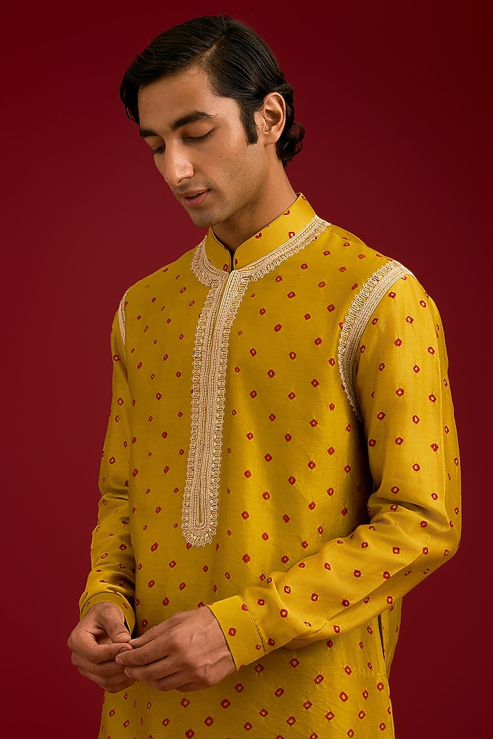 Mustard Chanderi Bandhej Embroidered Kurta Set by Devnaagri Men at Pernia's Pop Up Shop