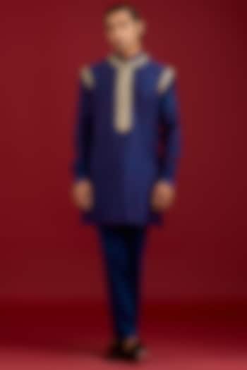 Navy Chanderi Bandhej Embroidered Kurta Set by Devnaagri Men at Pernia's Pop Up Shop
