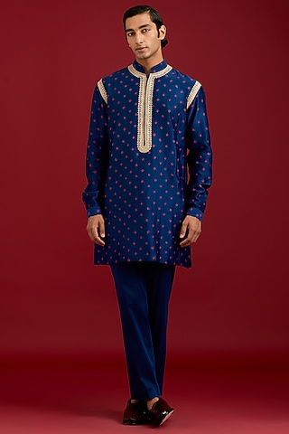 Navy Chanderi Bandhej Embroidered Kurta Set by Devnaagri Men