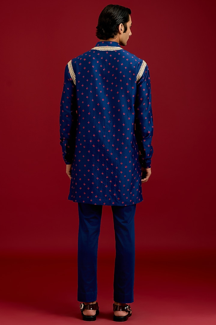 Navy Chanderi Bandhej Embroidered Kurta Set by Devnaagri Men at Pernia's Pop Up Shop