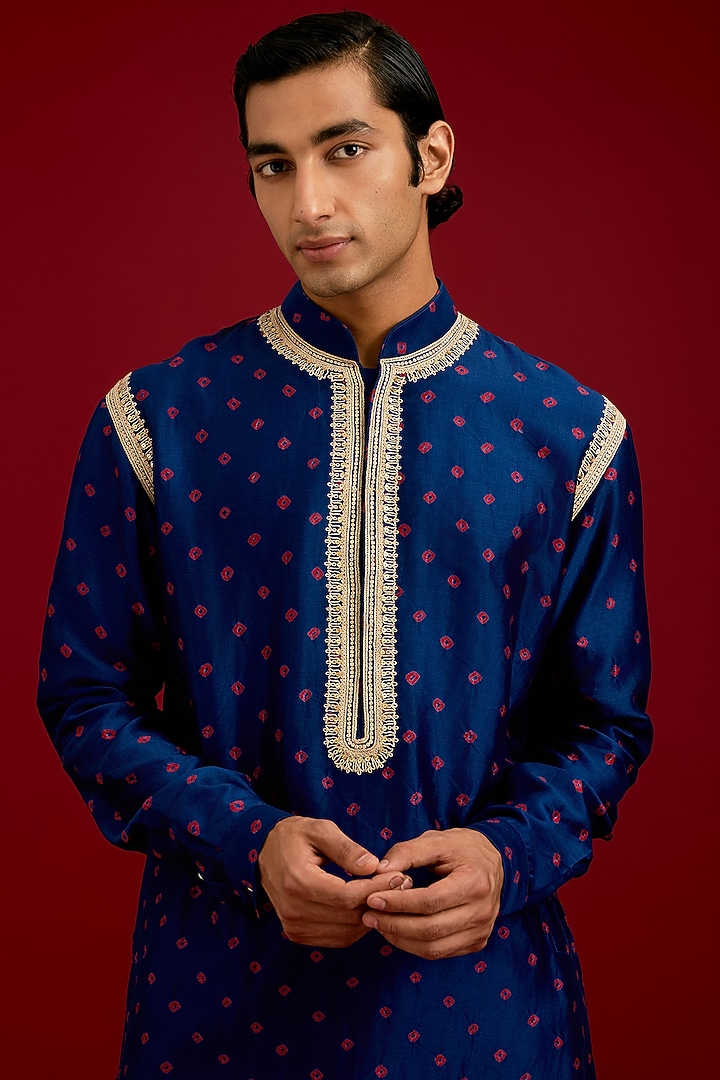 Navy Chanderi Bandhej Embroidered Kurta Set by Devnaagri Men at Pernia's Pop Up Shop