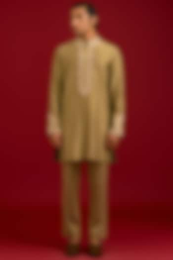 Olive Green Cotton Silk Blend Embroidered Kurta Set by Devnaagri Men at Pernia's Pop Up Shop