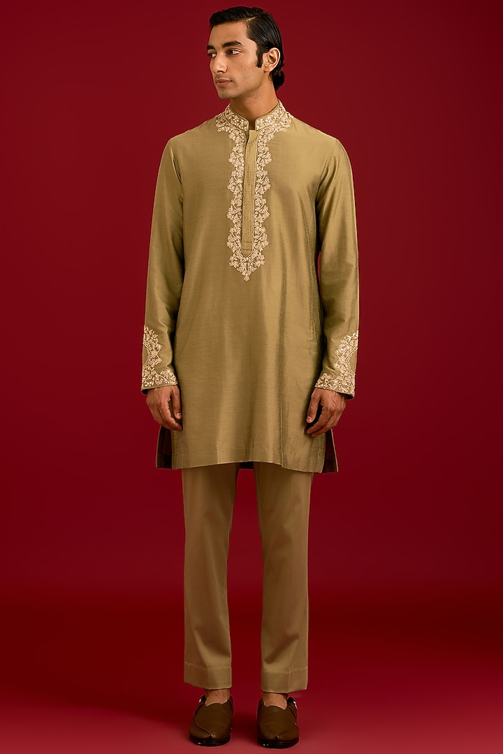 Olive Green Cotton Silk Blend Embroidered Kurta Set by Devnaagri Men at Pernia's Pop Up Shop