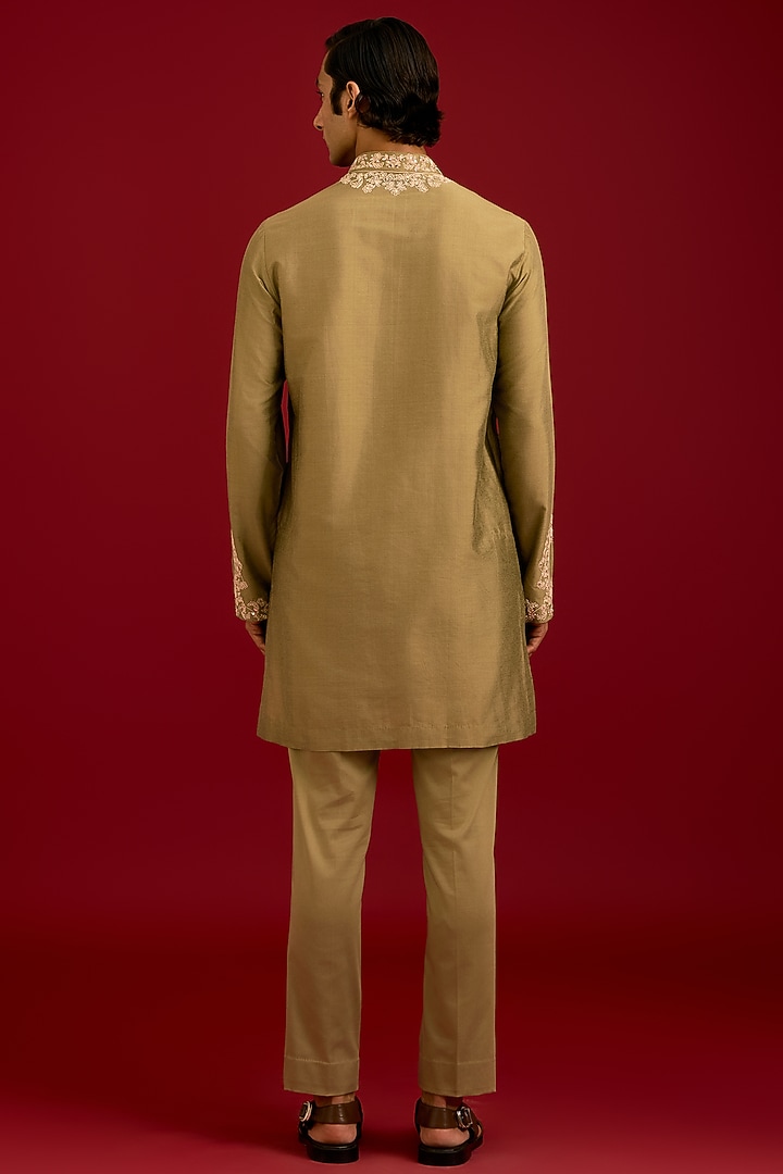 Olive Green Cotton Silk Blend Embroidered Kurta Set by Devnaagri Men at Pernia's Pop Up Shop