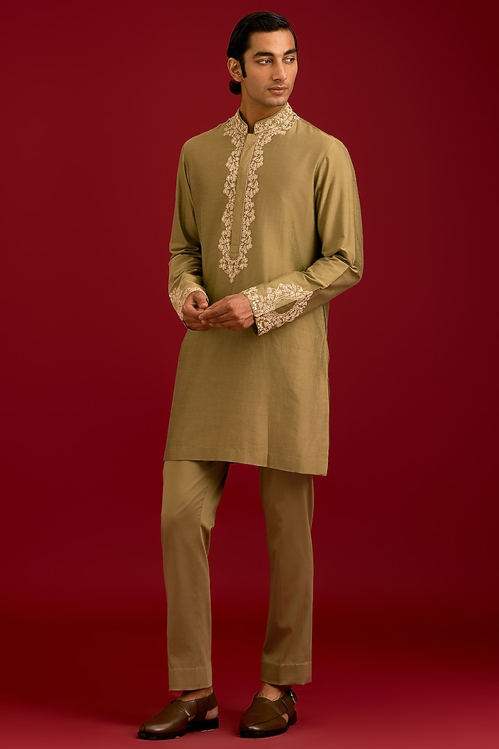 Olive Green Cotton Silk Blend Embroidered Kurta Set by Devnaagri Men at Pernia's Pop Up Shop