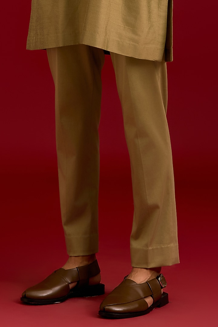 Olive Green Cotton Silk Blend Embroidered Kurta Set by Devnaagri Men at Pernia's Pop Up Shop